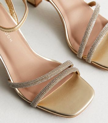 Gold Diamant Embellished Strappy Block Heel Sandals New Look