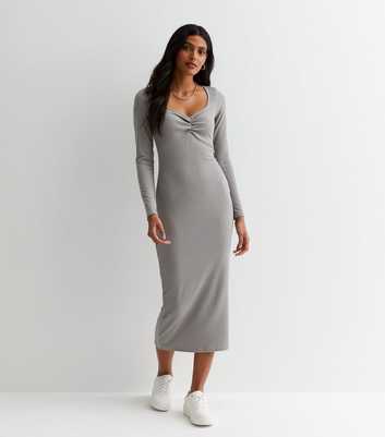 Grey Ribbed Ruched Front Midaxi Dress