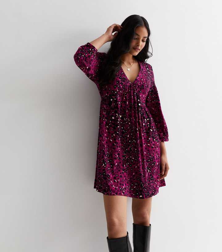 Pink Animal Print V Neck Mini Smock Dress