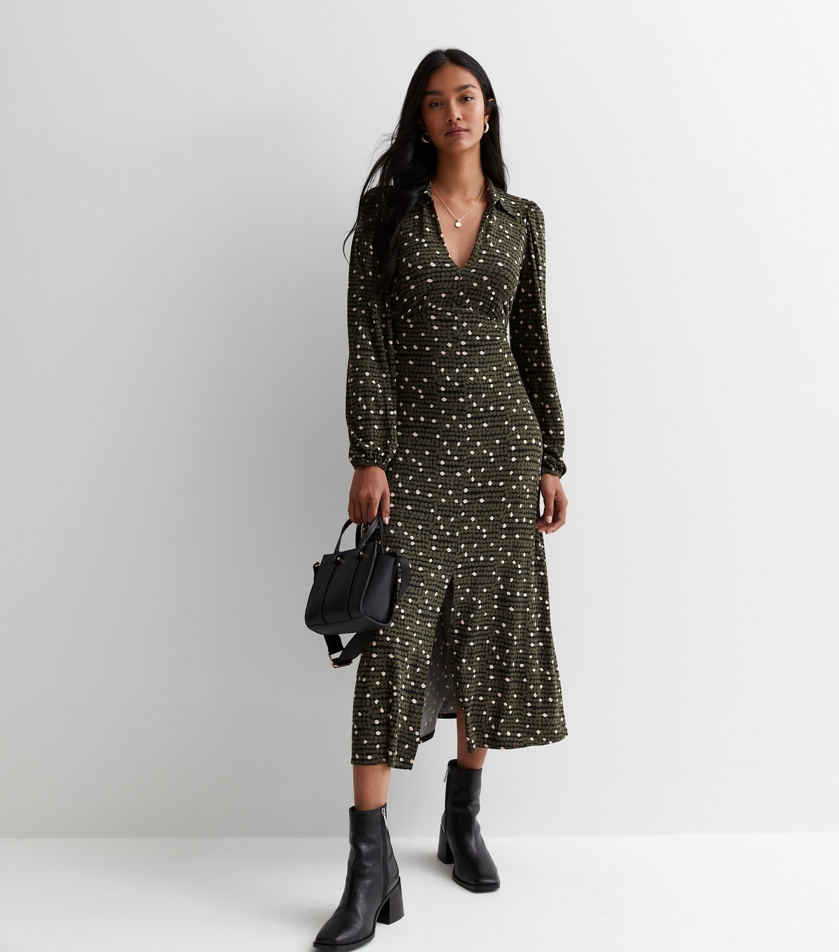 Women's Green Spot Collared Split Hem Midaxi Dress New Look