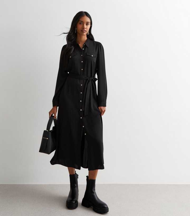 Black Belted Utility Midaxi Shirt Dress