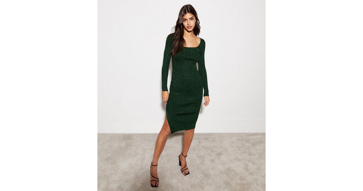 Blue Vanilla Dark Green Ribbed Glitter Knit Long Sleeve Midi Dress