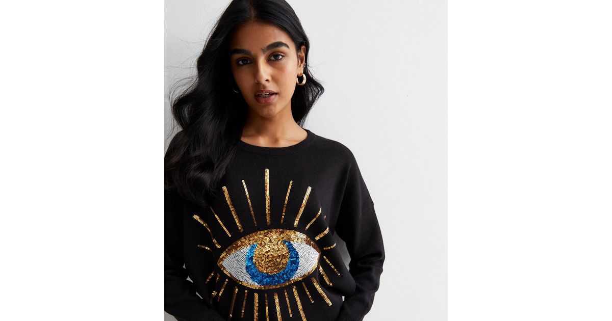 Blue Vanilla Black Sequin Knit Evil Eye Jumper New Look