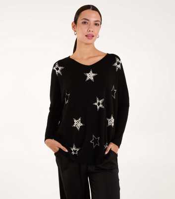 Blue Vanilla Black Fine Knit Faux Pearl Star Jumper