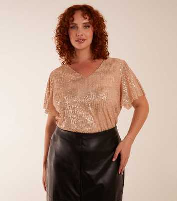 Blue Vanilla Curves Gold Metallic Sequin V Neck Top