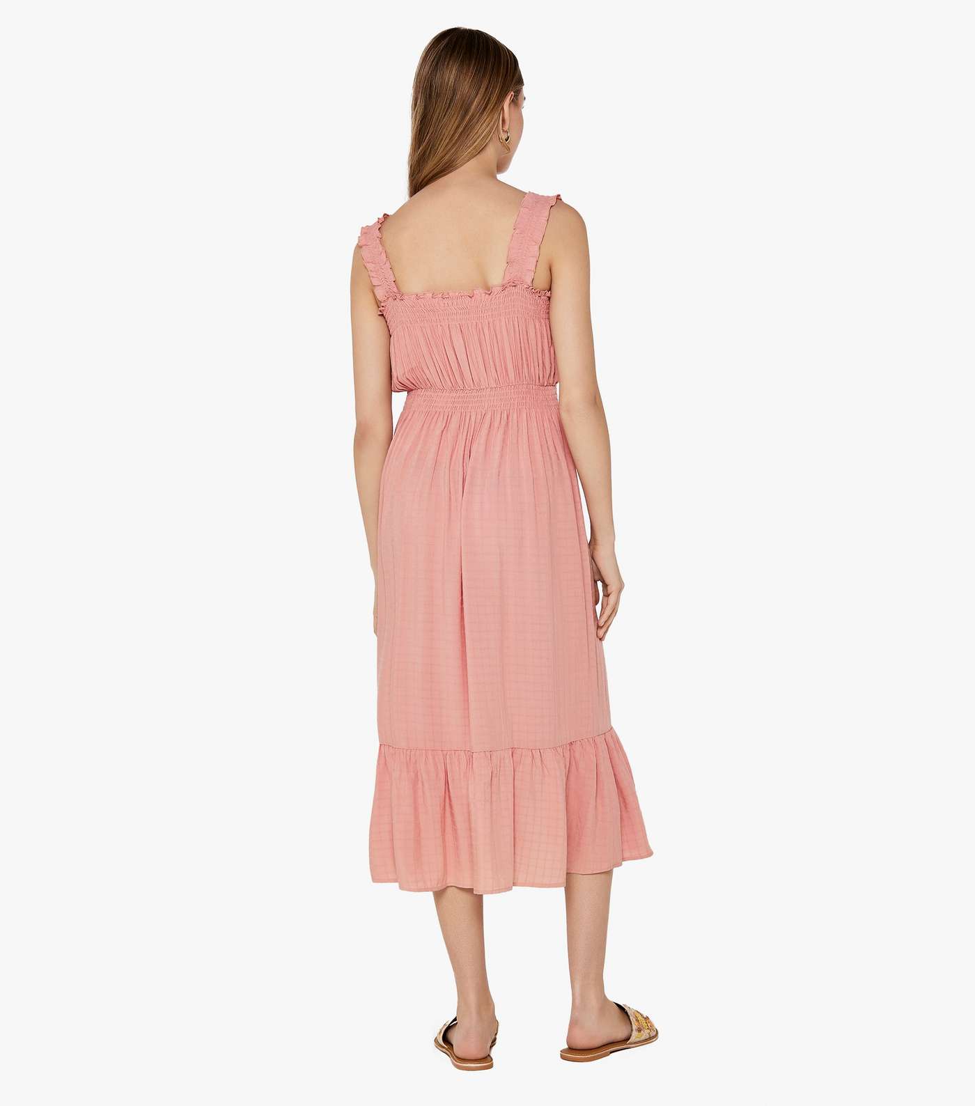Apricot Pink Check Smocked Waist Midi Dress Image 3