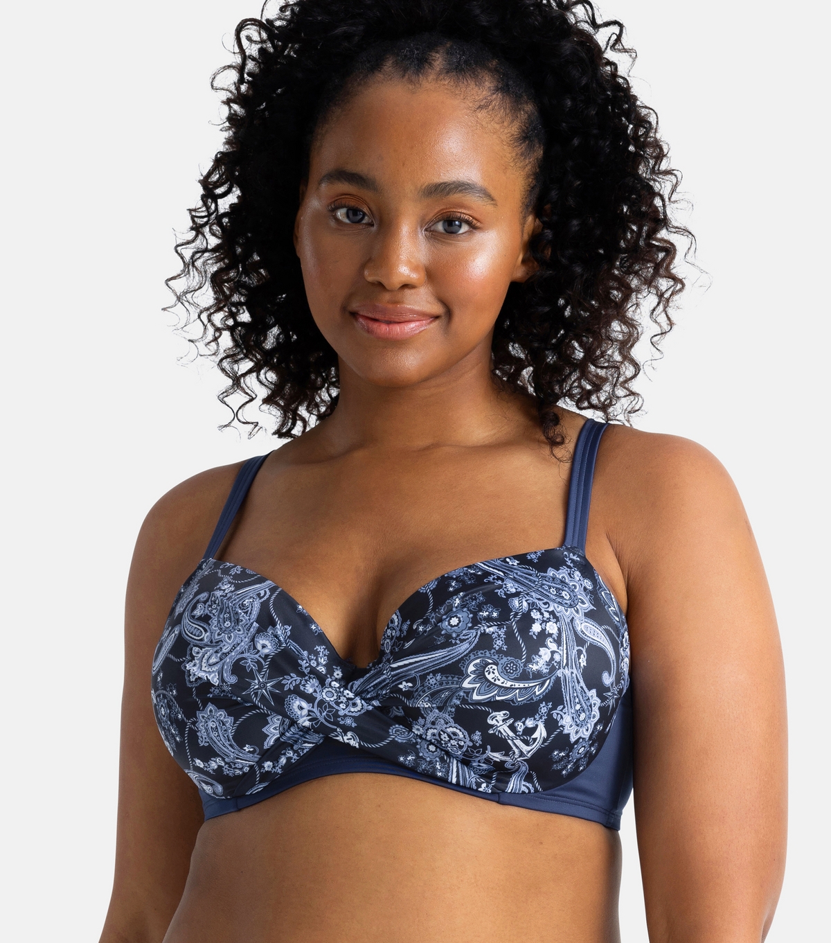 Women's Plus Size Blue Paisley Print Bikini Top Curves Dorina New Look