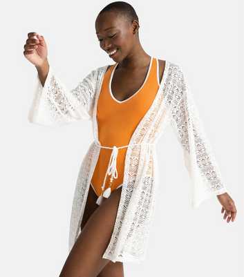 Dorina White Crochet Long Sleeve Kimono