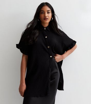 Cameo Rose Black Plissé Oversized Longline Shirt | New Look