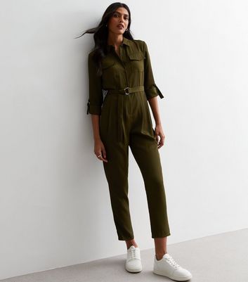 Cameo Rose Khaki Belted Utility Jumpsuit New Look