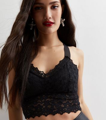 Cameo Rose Black Lace Cross Back Crop Top New Look