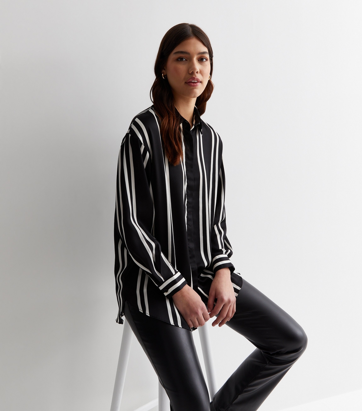 Women's Tall Black Stripe Satin Long Sleeve Shirt New Look