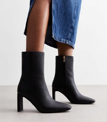 Black Leather-Look Pointed Slim Block Heel Boots New Look