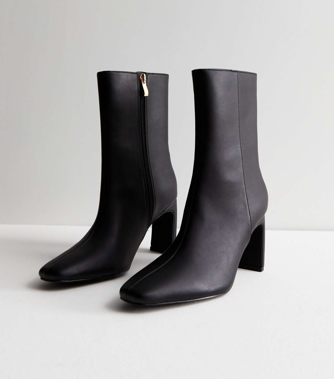 Black Leather-Look Pointed Slim Block Heel Boots Image 5