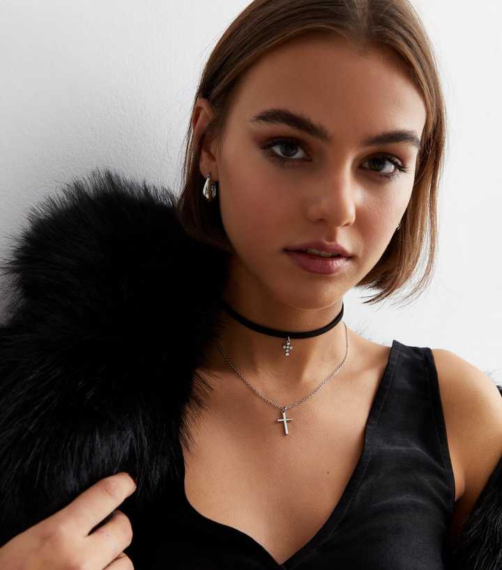 Silver Layered Cross Choker and Necklace