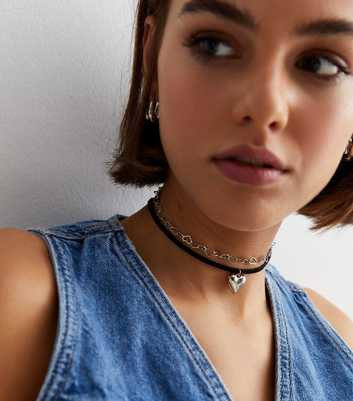 Silver Cord Layered Heart Choker Necklace