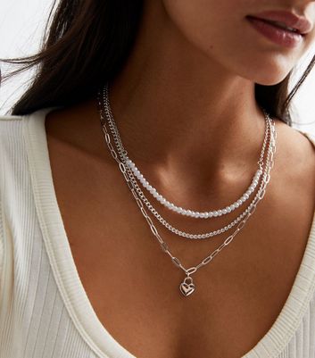 Silver Faux Pearl Chain and Heart Pendant Layered Necklace New Look