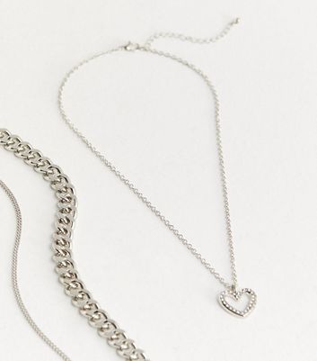 3 Pack Silver Diamante Heart Chain Necklaces New Look