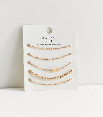 5 Pack Gold Love Logo Chain Bracelets New Look