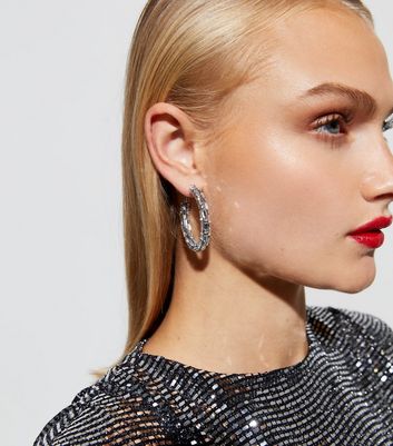 Crystal Baguette Diamante Tube Hoop Earrings New Look