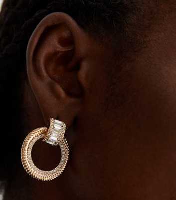 Gold Baguette Diamanté Circle Doorknocker Earrings