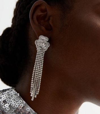 Silver Diamante Flower Tassel Earrings New Look