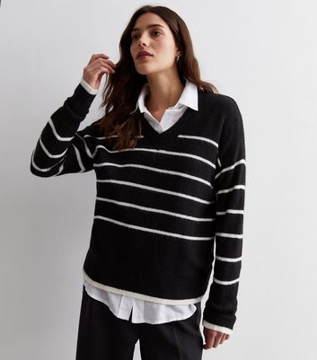 Black Stripe Knit V Neck Jumper New Look