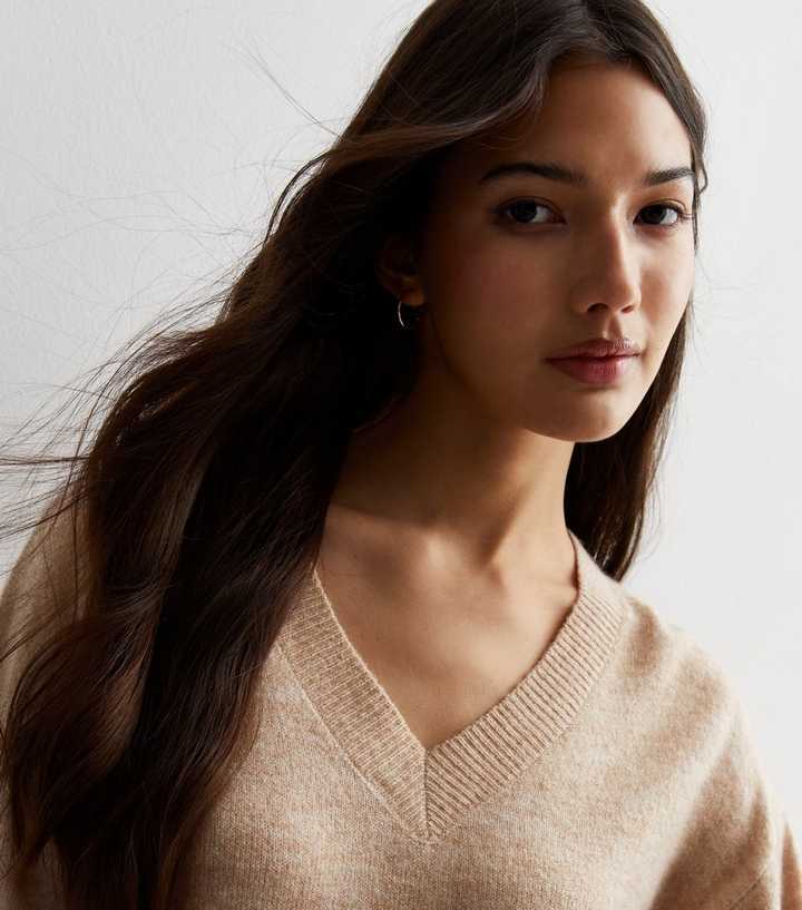 Camel V Neck Knitted Jumper