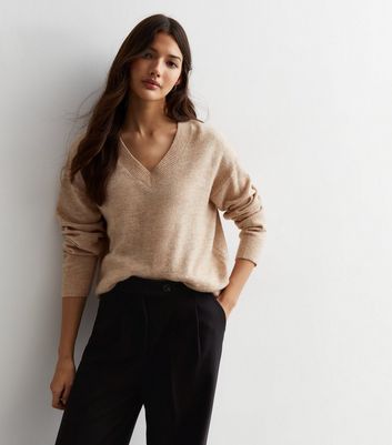 Camel V Neck Knitted Jumper