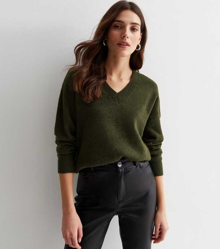 Cosy Jumpers Zara Womens Jumpers Uk Khaki V Neck Knitted Jumper