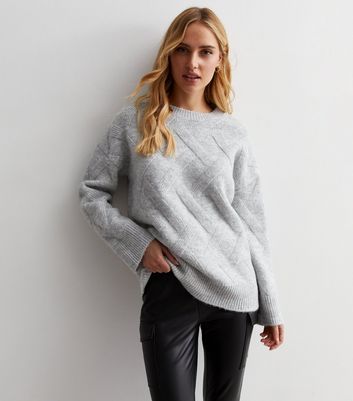 Pale Grey Diagonal Stitch Knit Crew Neck Jumper New Look