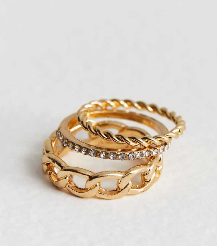 Fist Chain Rings 3 Pack Gold Twist Chain Rings | New Look