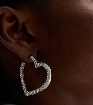 Silver Diamante Large Heart Hoop Earrings New Look