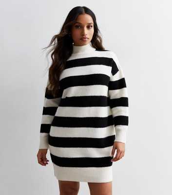 Petite Cream Stripe Knit High Neck Long Sleeve Mini Dress