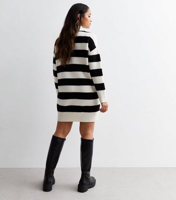 Petite Cream Stripe Knit High Neck Long Sleeve Mini Dress New Look