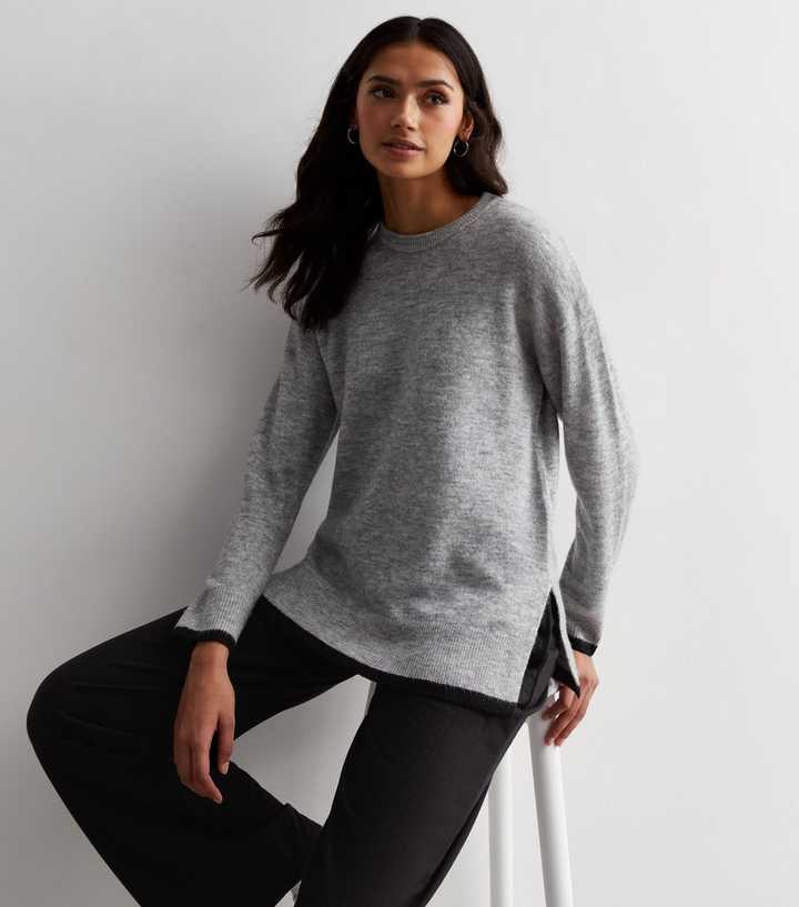 Light Grey Knit Contrast Trim Split Hem Jumper