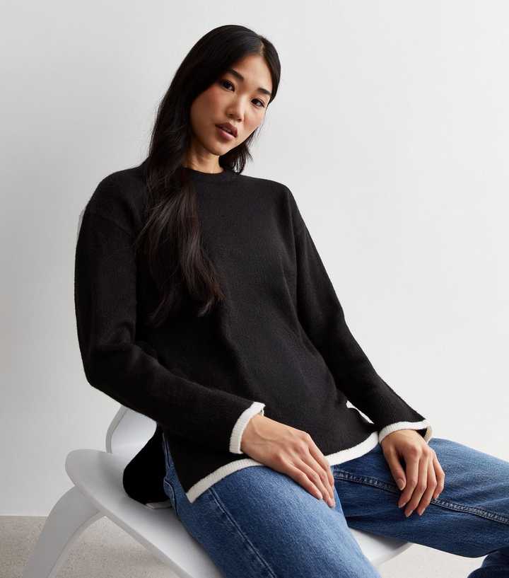 Black Knit Contrast Trim Split Hem Jumper