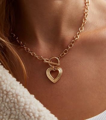 Gold Retro Heart Pendant T Bar Chain Necklace New Look