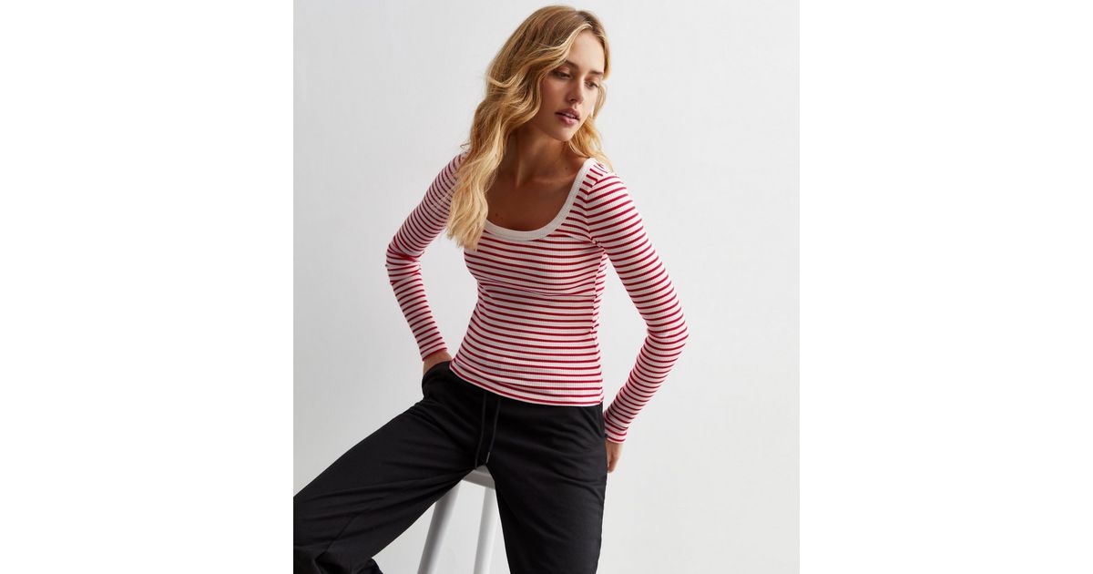 Red Stripe Ribbed Scoop Neck Top | New Look