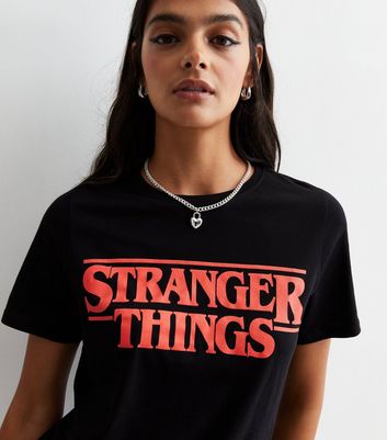 Black Cotton Stranger Things Logo T Shirt New Look