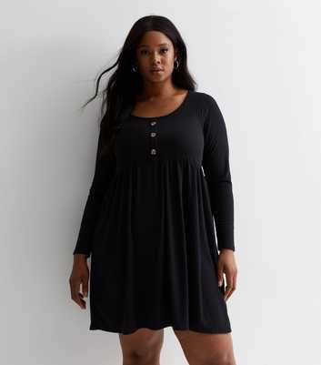 Curves Black Ribbed Jersey Button Front Mini Dress
