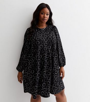 Curves Black Circle Spot Crinkle Mini Smock Dress New Look