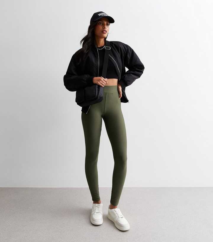 Khaki Ribbed High Waist Leggings