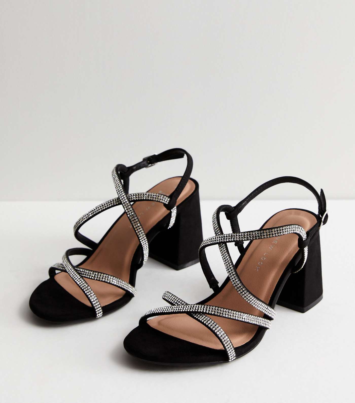 Wide Fit Black Diamanté Strappy Block Heel Sandals Image 3