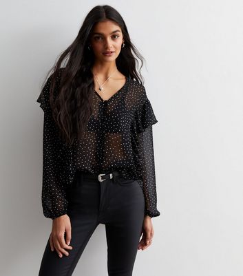 Black Spot Chiffon Button Front Ruffle Blouse New Look