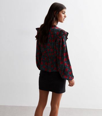Black Spot and Rose Print Satin Ruffle Tie Blouse New Look
