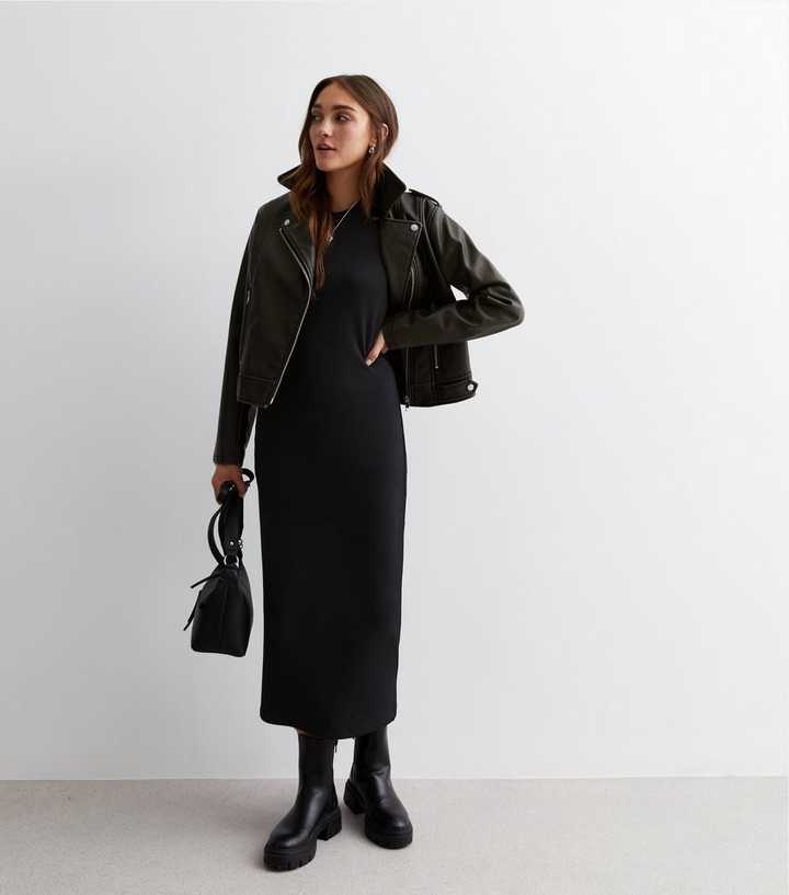 Black Ribbed Jersey 3/4 Sleeve Midaxi Dress