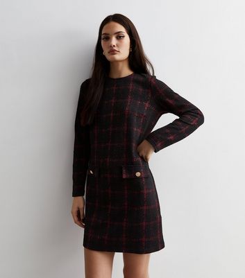 Red Jersey Check Button Mini Tunic Dress New Look