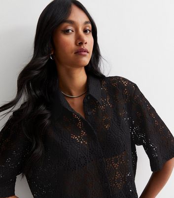 Black Crochet 1 2 Sleeve Shirt New Look