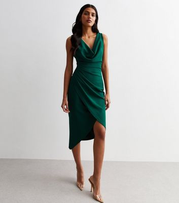 Dark Green Cowl Neck Ruched Midi Dress New Look